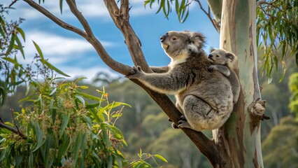 Fototapeta premium Koala and Joey Clinging Among Eucalyptus Trees