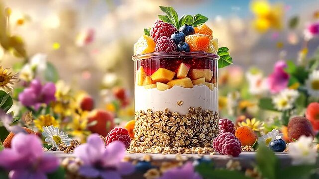 A vibrant parfait with granola, yogurt, fruit, and jelly, set against a backdrop of colorful flowers and bokeh