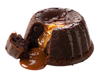 Delicious Chocolate Lava Cake with Caramel Filling Isolated on transparent background cutout, PNG file, Cutout file