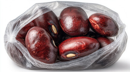 Obraz premium A bag of red beans is shown in a white background. The beans are in a mesh bag and are not visible through the bag