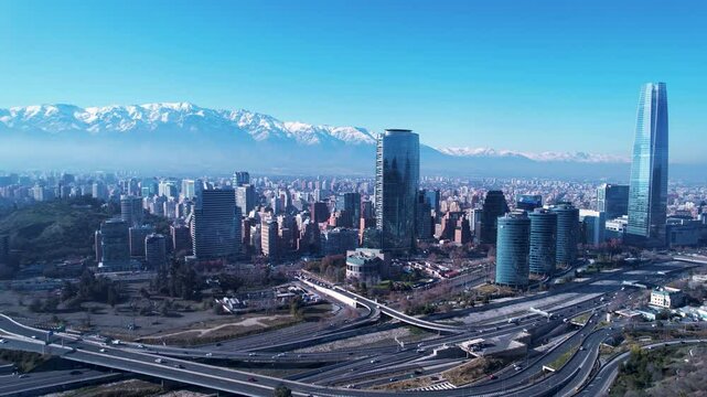 Santiago Skyline In Santiago Chile. Aerial View Of A High-Rise Buildings And Traffic Showcasing Urban Life. Business Sky Background Downtown Cityscape. Outdoors Downtown Up Above. Santiago Chile.