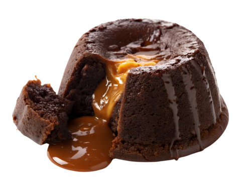 Delicious Chocolate Lava Cake with Caramel Filling Isolated on transparent background cutout, PNG file, Cutout file