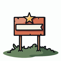 Cartoon Wooden Sign with Star and Banner on Green Grass, Hand Drawn Vector Illustration