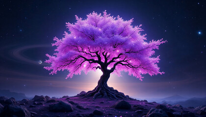 An enormous tree growing in the middle of a crater on the moon, leaves glowing with bioluminescence, surreal life in space