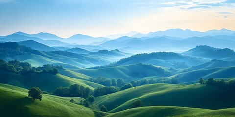 Serene Green Hills and Distant Blue Mountains Landscape