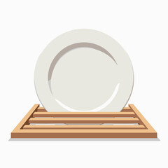 Clean White Plate Drying on Wooden Rack After Washing, Kitchen Utensil Illustration on White Background