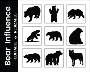 Bear Silhouette Collection Set Of Nine Animal Vector Images Isolated On White Background