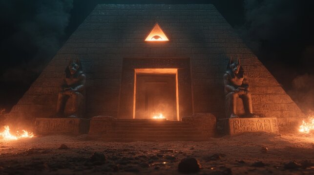 Ancient pyramid temple entrance at night