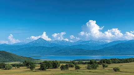 Fototapeta premium Scenic view of mountains, lake, and clouds.