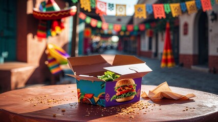 Glossy Cardboard Burger Box with Mexican Street Decor and Tortilla Crumbs on Terracotta Table in Warm Sunlight