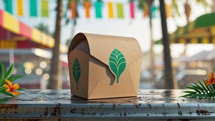 Biodegradable Kraft Burger Box Mockup with Leaf Logo on Metal Counter at Colorful Eco-Friendly Street Food Market