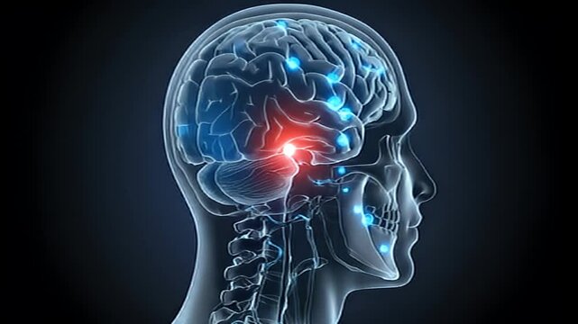 3D anatomical illustration of the human head and brain, highlighting key areas