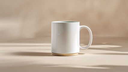 Minimalist Blank White Mug Mockup on Neutral Background with Subtle Shadows and Front Design Space