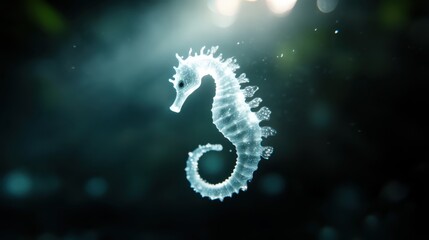 Glowing seahorse in dark water