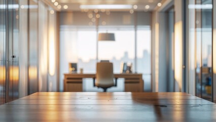 Fototapeta premium Elegant Professional Office Scene with Abstract Lighting Patterns, Sunset Reflections, and Blurred Furniture Details