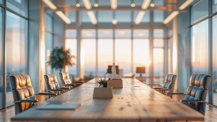 Abstract Corporate Office with Sunset View, Elegant Wooden Tables, Large Windows, Cozy Lighting and Defocused Effect