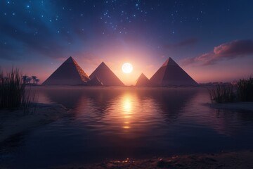 Pyramids at night by the water