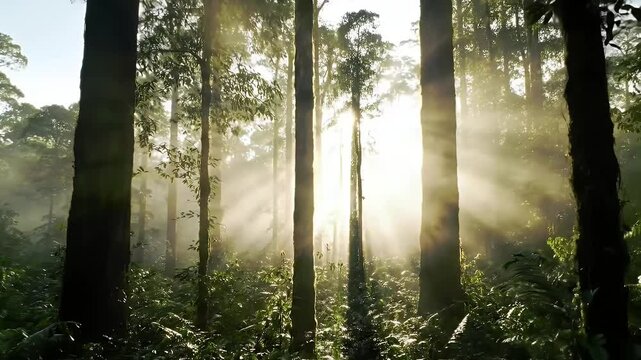 Beautiful magical sunrise in the forest. The sun's rays break through the trees in the fog. The mystical nature of the rainforest