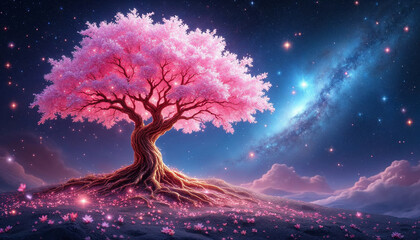 An enormous tree growing in the middle of a crater on the moon, leaves glowing with bioluminescence, surreal life in space