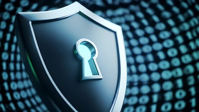 Cyber security concept. Shield With Keyhole icon on digital data background