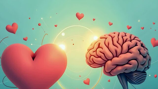 Flat vector illustration of a heart and brain connected by a glowing thread, symbolizing emotional intelligence, balance, and mental wellness

