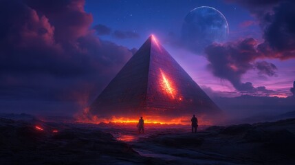 People at glowing pyramid scene