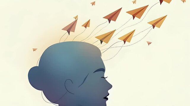 Human profile silhouette with paper planes flying out of the head, representing ideas taking flight, creativity, and free thought

