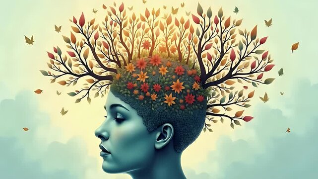 Stylized human head filled with growing tree branches and leaves, symbolizing knowledge, growth, education, and personal development

