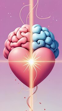 Flat vector illustration of a heart and brain connected by a glowing thread, symbolizing emotional intelligence, balance, and mental wellness

