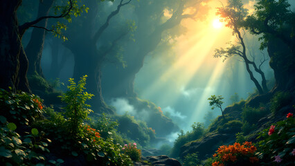 Fototapeta premium Mystical Forest Scene: Sun rays stream through the canopy, illuminating a path in a lush forest, inspiring awe and tranquility.