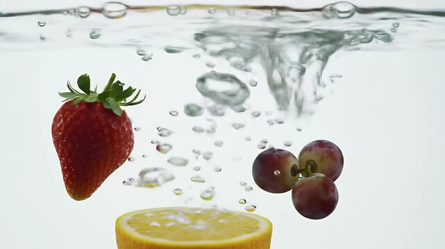 Super slow motion of various fruit splashing into water, white background. Filmed on high speed cinema camera