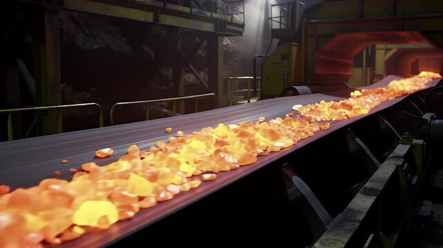 Transportation of copper ore carried out in the factory. Mining industrial conveyor at ore processing factory