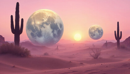 A surreal landscape with moons rising from a desert floor like balloons, pastel sky, gravity-defying atmosphere