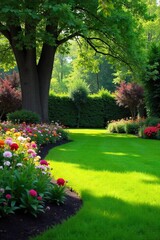 Serene backyard oasis featuring lush green grass, vibrant flowers, and mature trees providing ample shade  Perfect for relaxation and outdoor enjoyment ,  spring,  plants