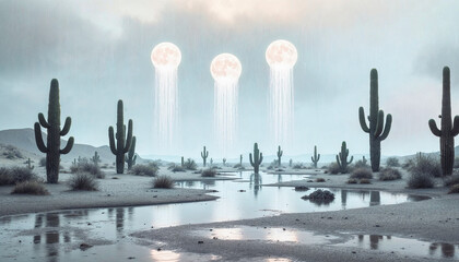 A surreal landscape with moons rising from a desert floor like balloons, pastel sky, gravity-defying atmosphere