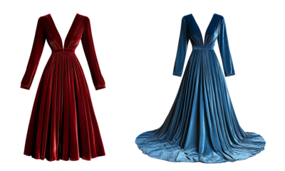 Collection of luxurious velvet dresses with deep V necklines and elegant silhouettes isolated on a white or transparent background.