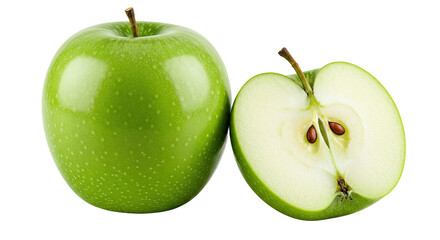 A crisp green apple and a perfectly cut half, isolated on a transparent background. High-quality PNG for healthy food and fruit themes.