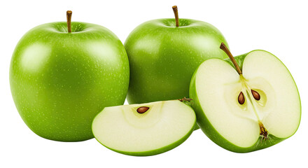 Fresh whole green apple and a clean half, beautifully isolated on a transparent background. Ideal PNG for promoting healthy eating and fruit.