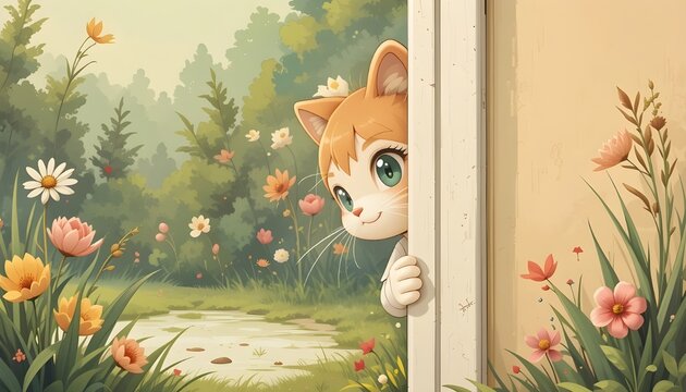 Cute Cat Peeking Around the Corner &ndash; Charming Illustration 
