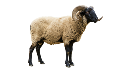 A majestic Cameroon sheep, captured in a full-length standing pose, isolated on a clean white background. Ideal for livestock and farm themes.