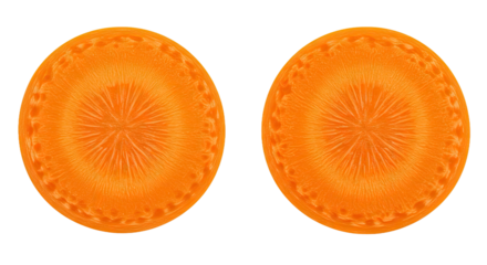 High-quality, perfectly retouched carrot slices in a top-down view. Ideal for healthy food, cooking, and fresh vegetable designs. Transparent PNG for easy use.