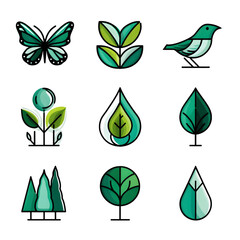 Nature Icon Set: A collection of minimalist nature icons, featuring a butterfly, bird, leaves, trees, and water drops, ideal for eco-friendly branding or nature-themed projects. 