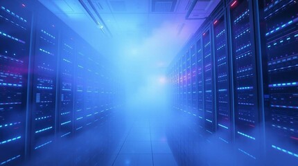 A modern data center room with rows of  server racks, soft blur effect, infrastructure system.
