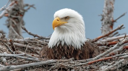 Majestic bald eagle observing its surroundings from the nest closely