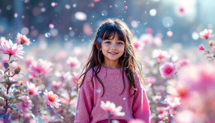 A kid walking through a forest where each tree shows a different season, glowing leaves for spring, icy glass for winter, surreal transition landscape