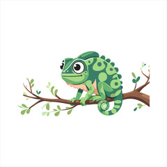 Cute Colorful Chameleon Sitting on Branch – Vector Cartoon Illustration