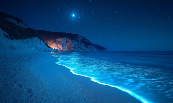magical moonlit beach with glowing waves washing ashore and stars twinkling in the sky, Generative AI