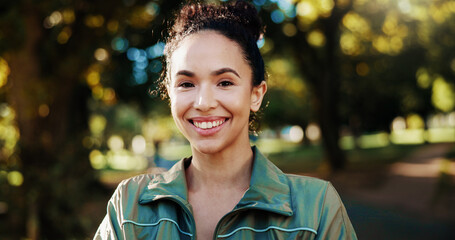 Portrait, athlete and woman with smile, outdoor and training routine in morning for wellness and...