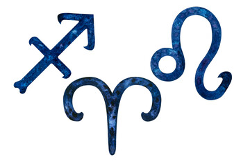 Three dark blue zodiac signs of the Fire element: Aries, Leo, Sagittarius. Watercolor set of astrological symbols isolated on white background for horoscope, astrology, spiritual, birth charts