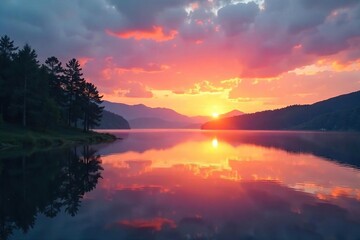 Serene sunset over a tranquil lake, reflecting a peaceful sky Perfect for meditation, relaxation, or mindful moments Ideal for websites, apps, and calming visuals , balance, zen